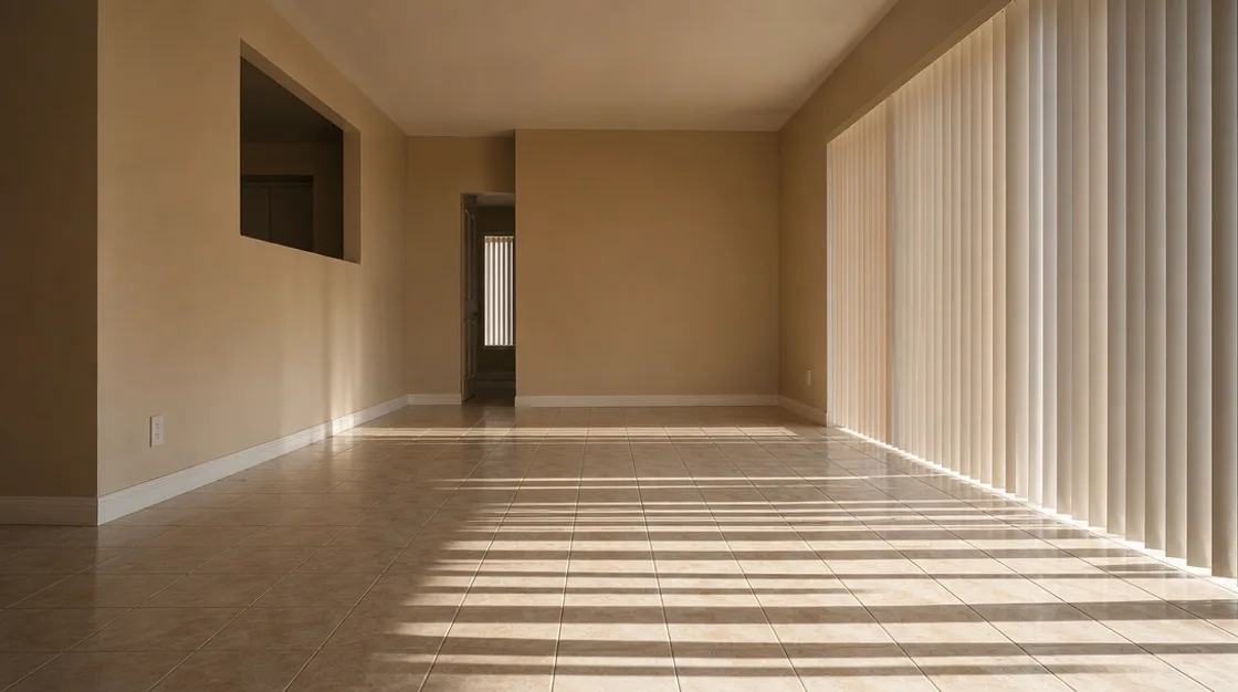 An emptied room with hard afternoon light falling in stripes across a tiled floor