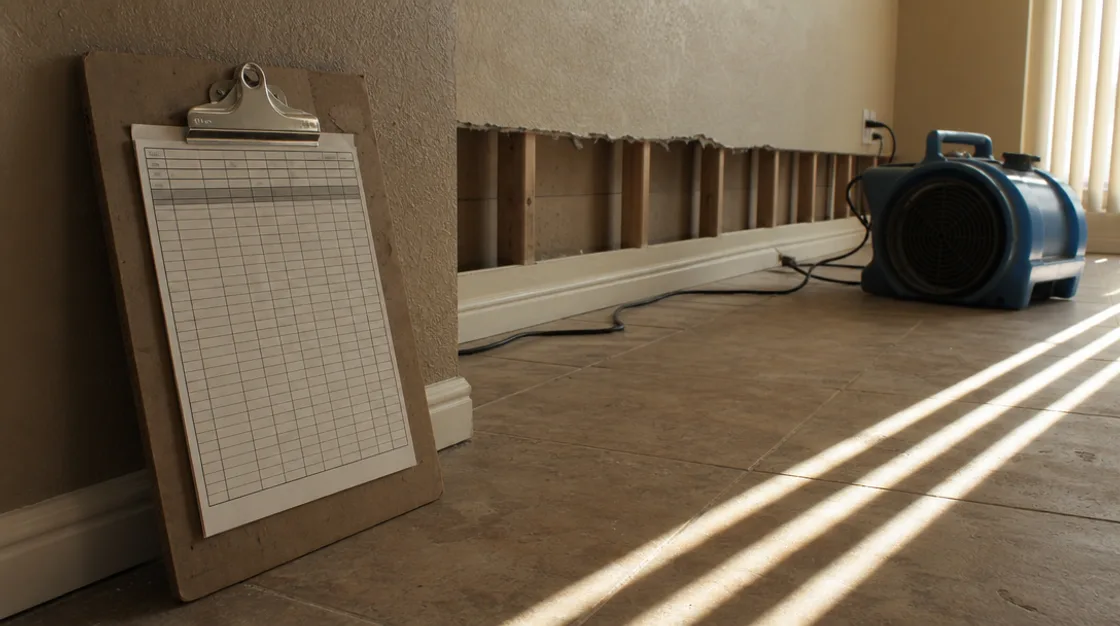 A blank drying log clipped to a board propped against a wall, an air mover running beyond it beside drywall cut back to the studs