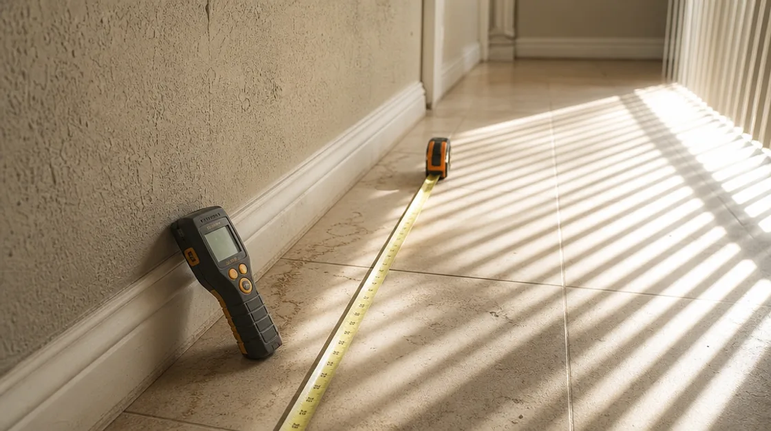 A moisture meter resting against a baseboard with a tape measure run along the tiled floor beside it