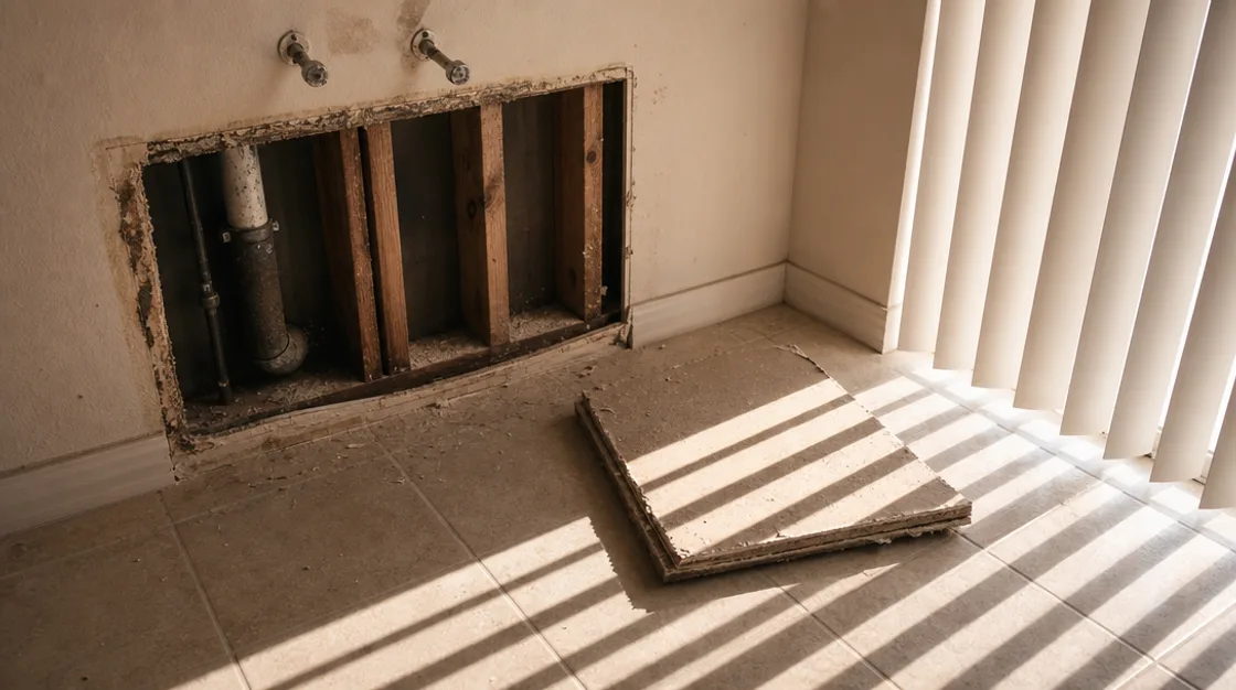 A square section of wall cut away below two capped supply stubs, the studs and a pipe exposed, the offcut stacked on the tile