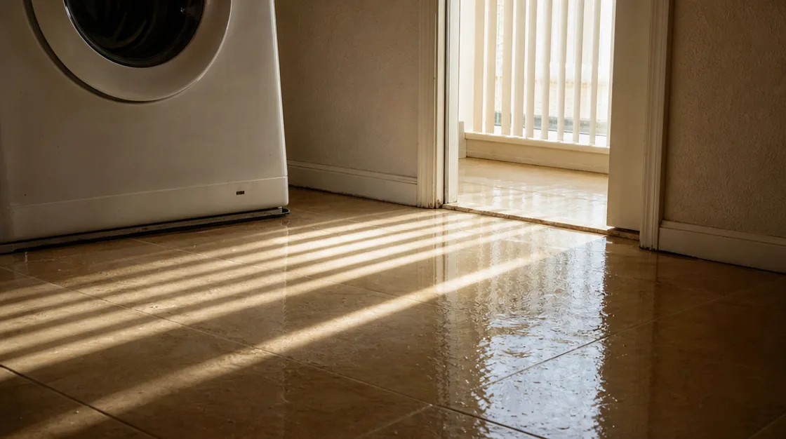 Shallow water spread across a laundry room floor from the base of a washing machine to the doorway threshold