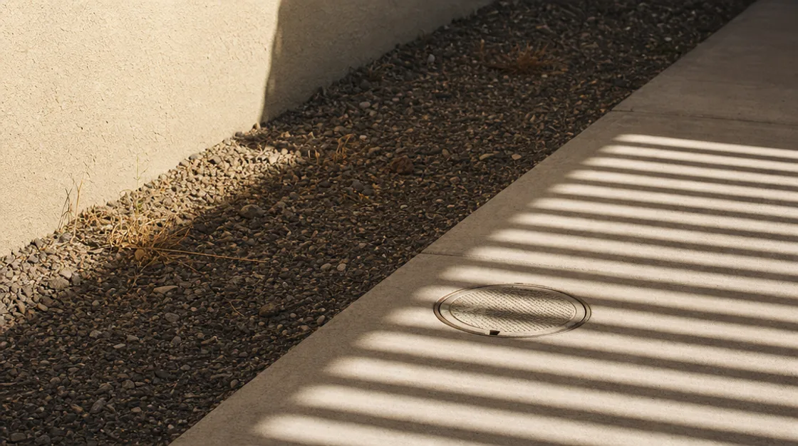 A round meter lid set flush in a sidewalk beside a gravel verge and a low stucco wall