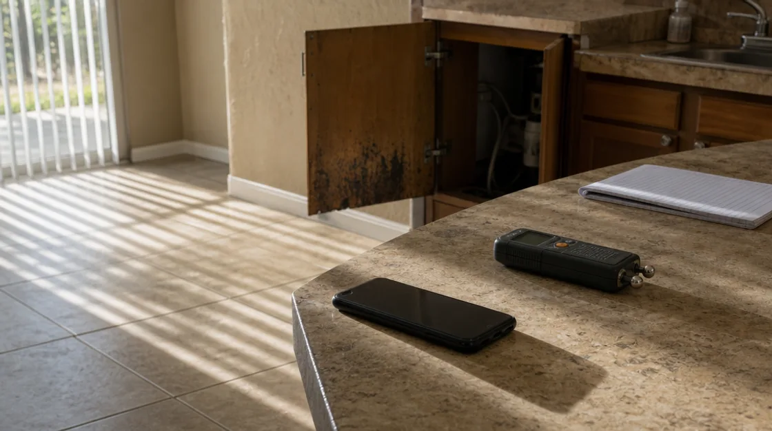 A phone and a moisture meter on a kitchen counter beside an open cabinet door marked with damp