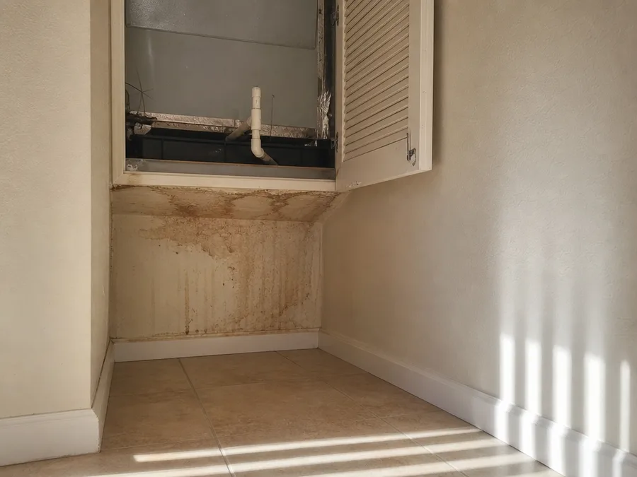 A stained ceiling ring below a ducted unit in a hallway