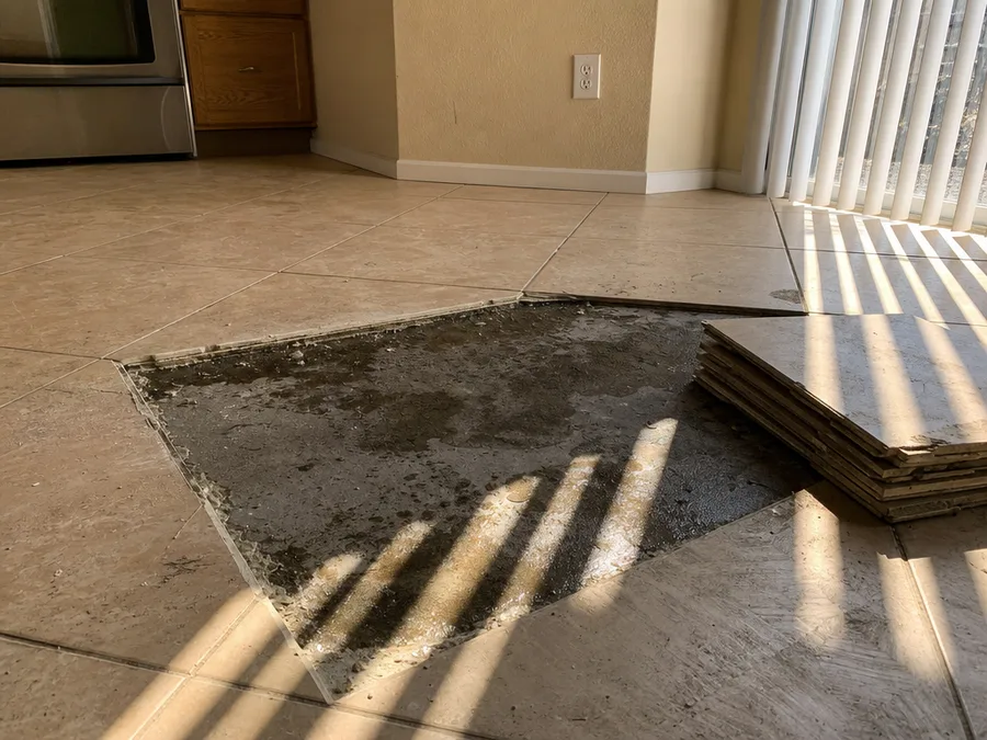 A lifted plank showing bare concrete slab under a hallway floor
