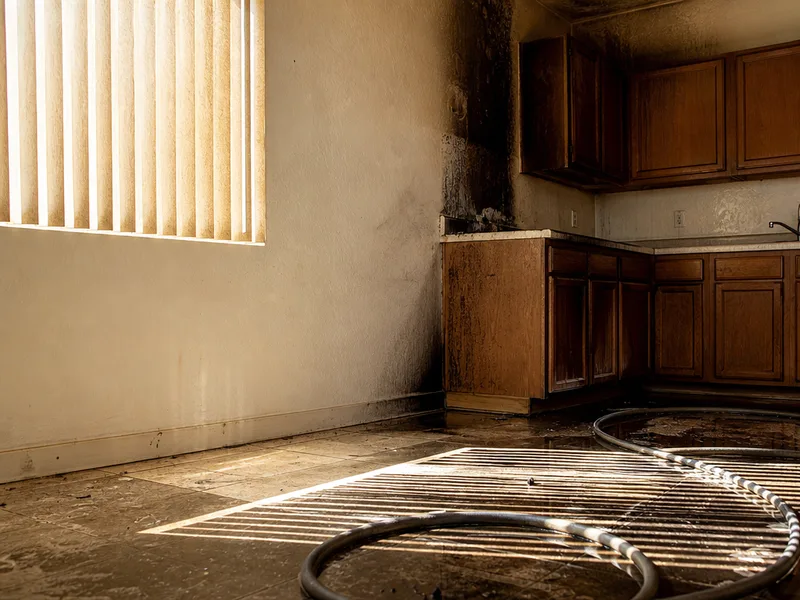 Soot marking above a doorway in an emptied room